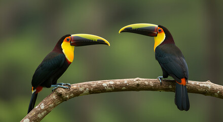 Two colorful toucans perched side by side on a tree branch, surrounded by the lush greenery of a tropical rainforest jungle in their natural habitat
