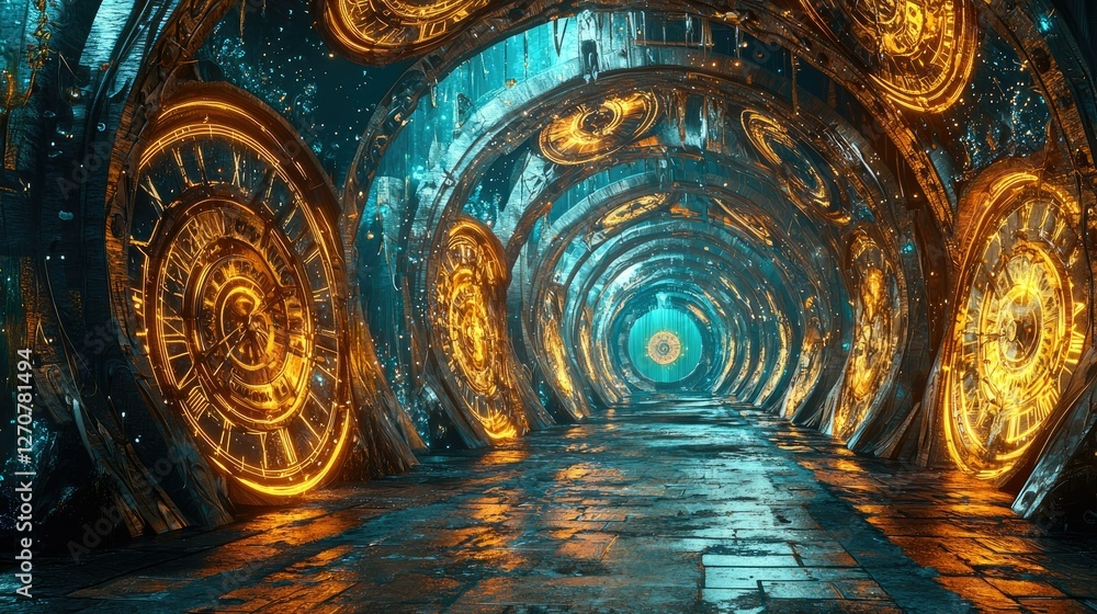 Poster futuristic portal with glowing circular patterns and stone pathway