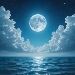 Romantic Moon With Clouds And Starry Sky Over Sparkling Blue Water