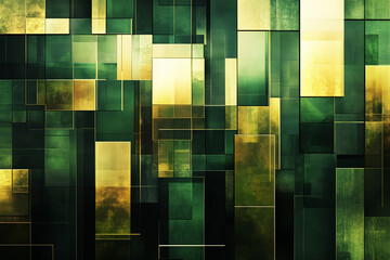 Abstract geometric patterns resembling graphs and bar charts, with shades of green and gold. Suitable for promoting financial growth, investment, or stability