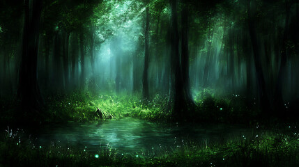 Obraz premium Mystical Pond in Enchanted Forest with Emerald Light and Lush Greenery Nature Scenery
