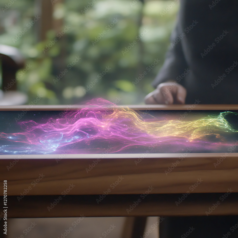 Poster mystical table displaying digital aurora borealis phenomenon in wood frame with person reaching out
