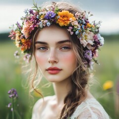 Naklejka premium Woman flower crown field summer portrait beauty