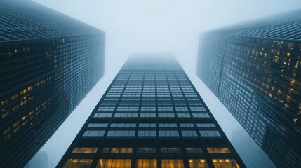 City skyscrapers, fog, low angle, urban, business