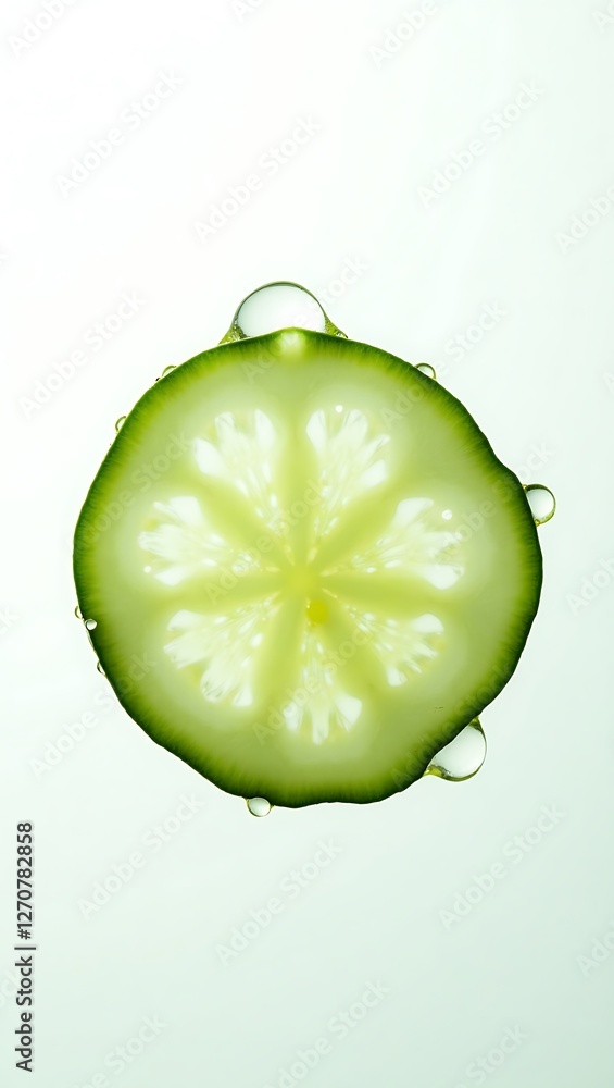 Poster closeup of a fresh cucumber slice with water droplets on a light background
