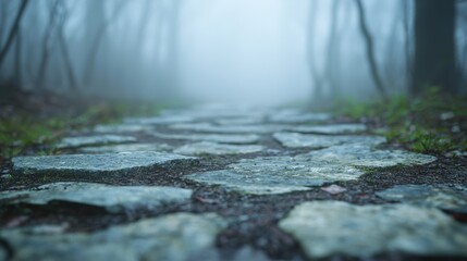 Fototapeta premium A misty path with stone cobblestones leads through a serene forest, evoking a sense of mystery and tranquility.
