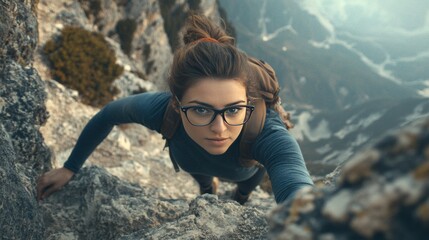 Myopia prevention with a woman wearing glasses hiking up a mountain trail. Hiking boots, rocky path, landscape