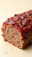 Closeup view of a sliced meatloaf topped with a savory glaze and herbs