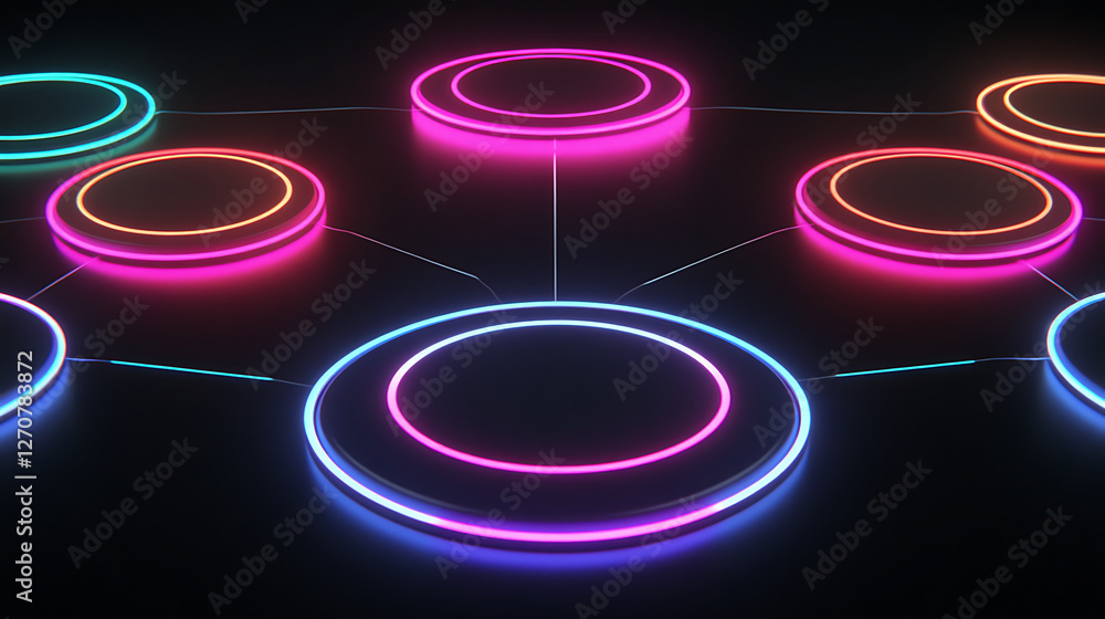 Poster neon circles network connection concept for technological advancement and data flow visualisation