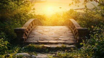 Obraz premium Serene Stone Bridge Surrounded by Lush Greenery at Sunset