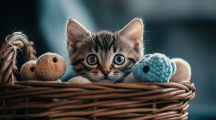 Cute kitten in basket with toys, indoor setting, adorable pet