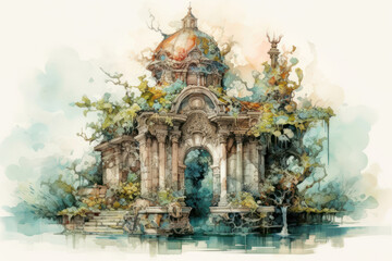 Fototapeta premium building in an ancient park, watercolor on a white background,.Generative AI