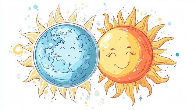 Cartoon Sun and Moon Revolve Around Earth Artistic Illustration
