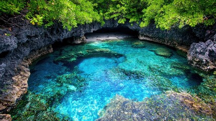 Serene Tropical Cove Surrounded by Lush Greenery and Clear Water