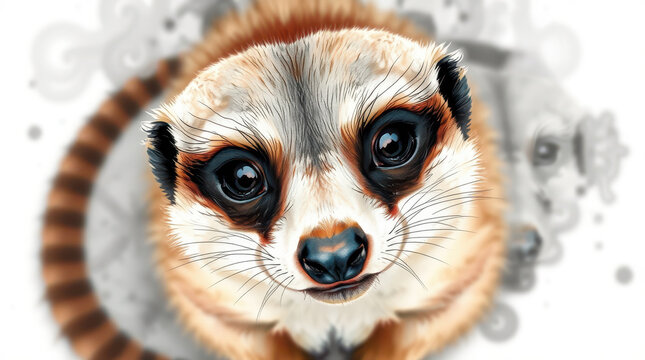 Curious Meerkat Portrait Close Up of Tan and Brown Fur Against Watercolor Background