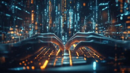 Naklejka premium Hands coding, digital rain background, cybersecurity