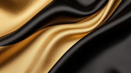 A close-up view of luxurious black and gold satin fabric, showcasing smooth, flowing textures and an elegant contrast between the two colors.