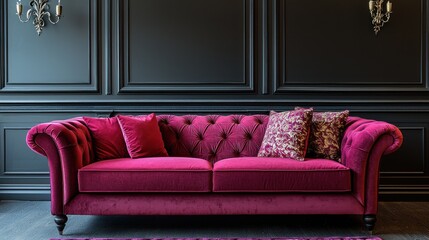A luxurious magenta velvet chesterfield sofa against a dark wall