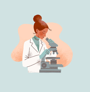 Portrait of a scientist in a white coat conducting experiments with a microscope