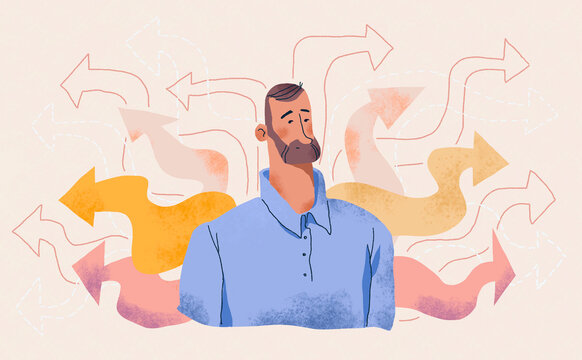 Illustration of a man surrounded by arrows symbolizing different life paths and choices