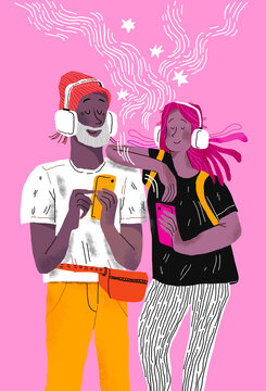 Illustration of a smiling couple listening to music on their phones with headphones