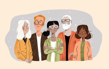 Illustration of diverse employees with friendly expressions looking at the camera