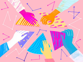 Abstract illustration of diverse hands assembling colorful pieces symbolizing teamwork in business