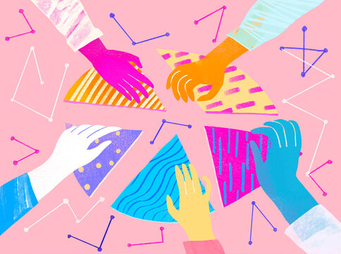 Abstract illustration of diverse hands assembling colorful pieces symbolizing teamwork in business