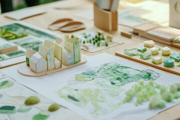 Close-up of a sustainability consultant's desk with sustainability reports and green building plans, illustrating a job in sustainability consulting