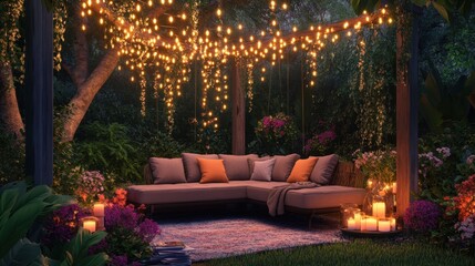 Obraz premium Magical outdoor lounge with fairy lights strung above a cozy sofa, nestled in a vibrant garden setting