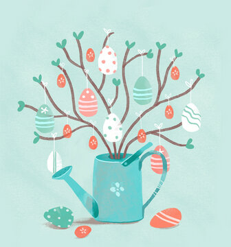 Easter spring background with colorful painted decorative eggs hanging on branches in a watering can