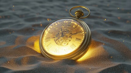 Golden Pocket Watch Glowing in the Sand at Sunset Scene