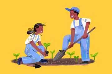 Illustration of a man with a shovel and a woman planting a sprout during spring