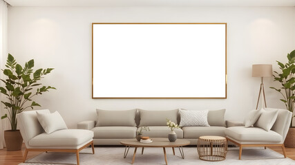 A large poster mockup framed and hanging on a modern living room wall, with a blank space for artwork. Surrounded by stylish furniture and soft ambient lighting, creating a contemporary
