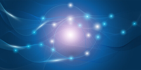 Abstract Purple and Blue Futuristic Modern Style Science, Networks and Telecommunications Concept Design, Glowing Nodes, Connections Structure with Transparent 3D Wavy Mesh - Vector Illustration