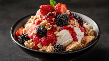A delicious bowl of ice cream topped with strawberries, blackberries, granola, and a drizzle of raspberry sauce, garnished with a mint leaf.