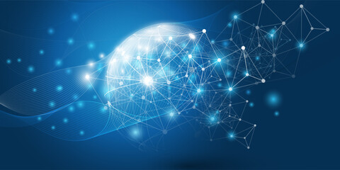 Abstract Dark Blue Futuristic Glowing Global Virtual Network Structure and Telecommunications Design Concept, Polygonal Connections with Transparent Wavy Geometric Polygonal Mesh, Vector Illustration © bagotaj