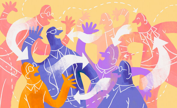 Abstract illustration of people communicating with arrows and colorful figures