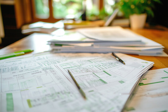 Close-up of a sustainability consultant's desk with sustainability reports and green building plans, illustrating a job in sustainability consulting