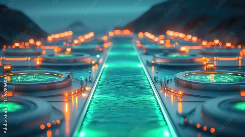 Poster plastic pollution idea. futuristic landscape with glowing pathways and circular structures, evoking 