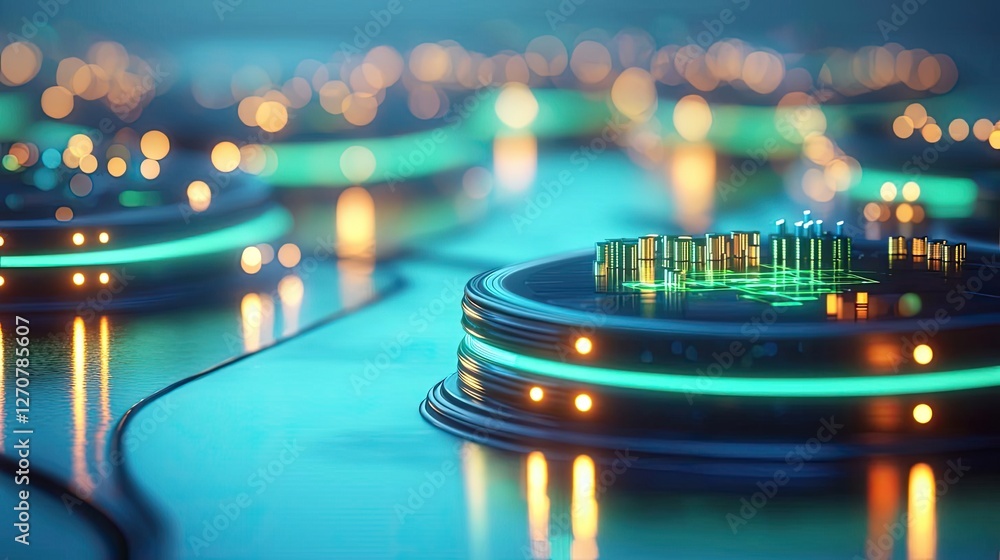 Poster plastic pollution idea. close-up view of futuristic digital circuit boards with glowing lights and i