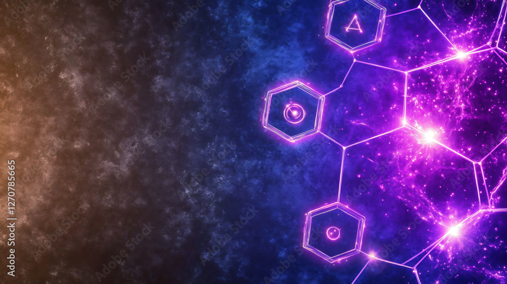 Poster neon hexagon galaxy network linked structures symbolic representation deep space visualization