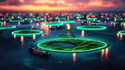 Plastic pollution idea. Futuristic view of neon-lit floating platforms in tranquil waters at sunset.