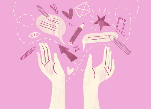 Illustration of raised hands with communication icons on a purple background