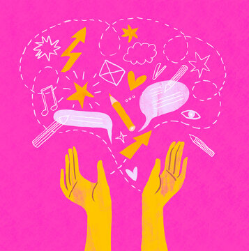 Illustration of raised hands with communication icons on a pink background