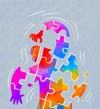 Colorful abstract illustration of a human figure falling apart like a puzzle, symbolizing mental health concepts