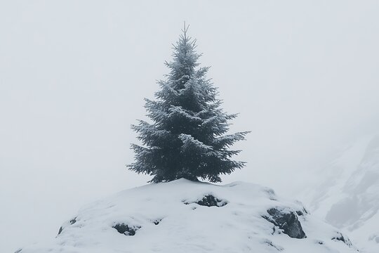 Snowy mountaintop fir tree in misty landscape