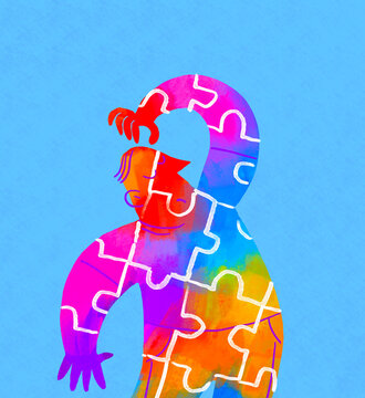 Colorful puzzle illustration of a man representing mental health concepts