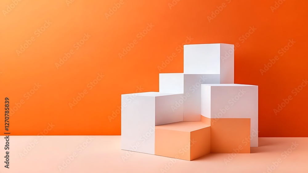 Aufkleber geometric product display white and orange cubes on peach backdrop for presentation or marketing