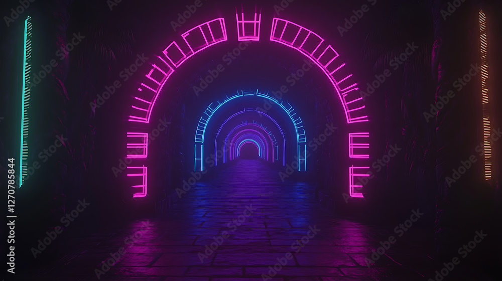 Poster neon illuminated archway tunnel with futuristic design and gradient lighting in a dark setting